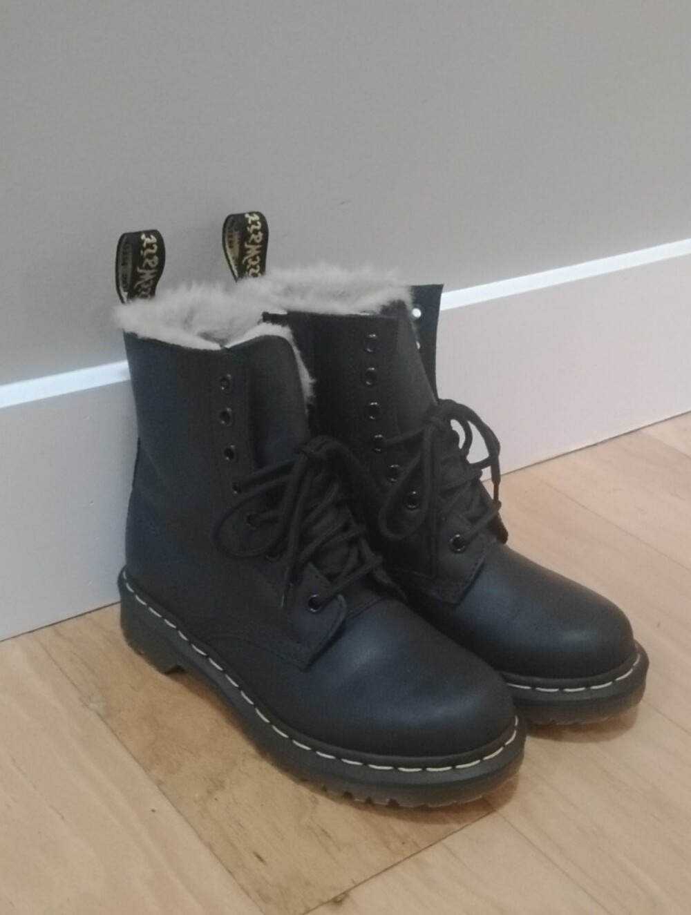 Dr. Martens Serena Black Lace-Up Boots with White Faux Fur Trim